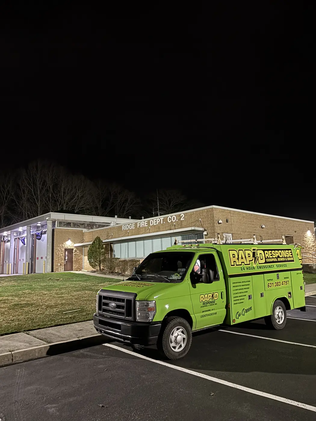 Rapid Response Cesspool service van at Ridge Fire Department — Bay Shore, Long Island